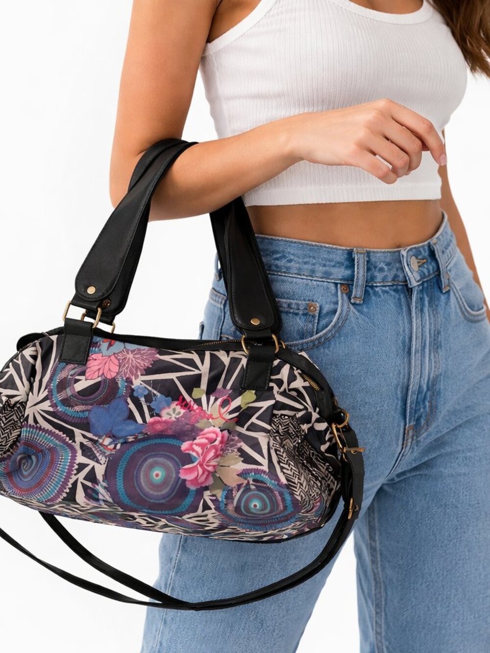 Desigual Y2K Large Patchwork Floral Shoulder Bag Embroidered Accents Pockets